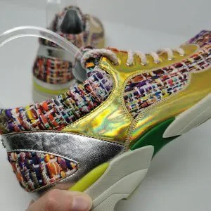CHANEL Shoes Chanel Tweed Rainbow Metallic Gold Silver Trim